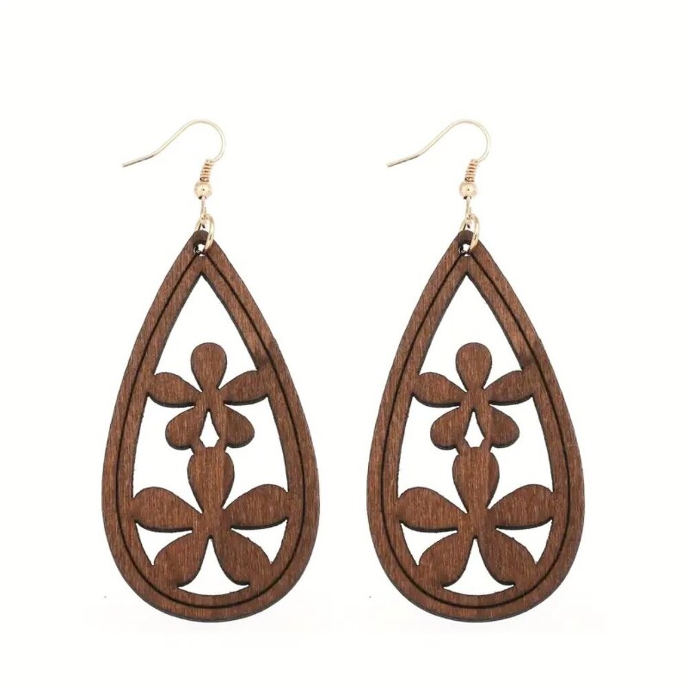 Retro Boho Flower Wood Wooden Dangle Earrings NEW